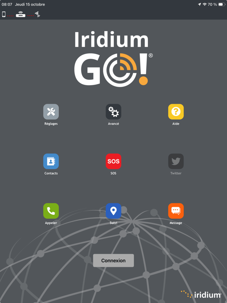 Page d’accueil de l'application Iridium Go!